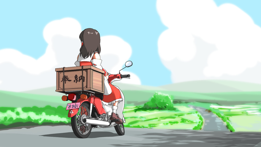 black_hair blue_sky box brown_footwear bush cloud commentary day detached_sleeves donation_box field ground_vehicle hair_tubes hakurei_reimu headwear_removed helmet helmet_removed hill kugi_(kugi-xiv) looking_afar moped motor_vehicle mountain no_hair_bow number_pun red_skirt ribbon-trimmed_sleeves ribbon_trim road scenery shoes short_hair skirt sky socks solo touhou tree white_legwear