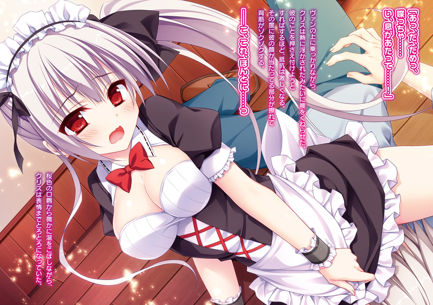 black_bow bow bowtie breasts chigitte_kudasai_maou_heika cleavage eyebrows eyebrows_visible_through_hair girl_on_top hair_bow highres indoors long_hair maid maid_headdress matsumiya_kiseri medium_breasts novel_illustration official_art open_mouth red_bow red_eyes side_ponytail silver_hair sitting sitting_on_person solo wristband