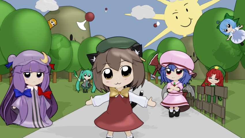 3d 6+girls :3 =_= animal_ears bat_wings beard beret bike_horn bkub_(style) blender_(medium) blue_eyes blue_hair blue_sky bow braid brooch brown_hair cat_ears cat_tail chen chibi cirno cloud commentary crescent crossover crown day detached_sleeves dress earrings facial_hair fang flying green_eyes green_hair gs-mantis hair_bow hat hatsune_miku highres hill holding hong_meiling jewelry king_harkinian lavender_hair long_hair looking_at_viewer multiple_girls multiple_tails mustache necktie outdoors outstretched_arms patchouli_knowledge pink_dress puffy_short_sleeves puffy_sleeves purple_eyes purple_hair red_eyes red_hair remilia_scarlet ribbon short_hair short_sleeves side_braid skirt sky smile spread_arms spring_onion sun tail the_legend_of_zelda the_legend_of_zelda_(cd-i) thighhighs touhou tree twin_braids twintails very_long_hair vocaloid wings