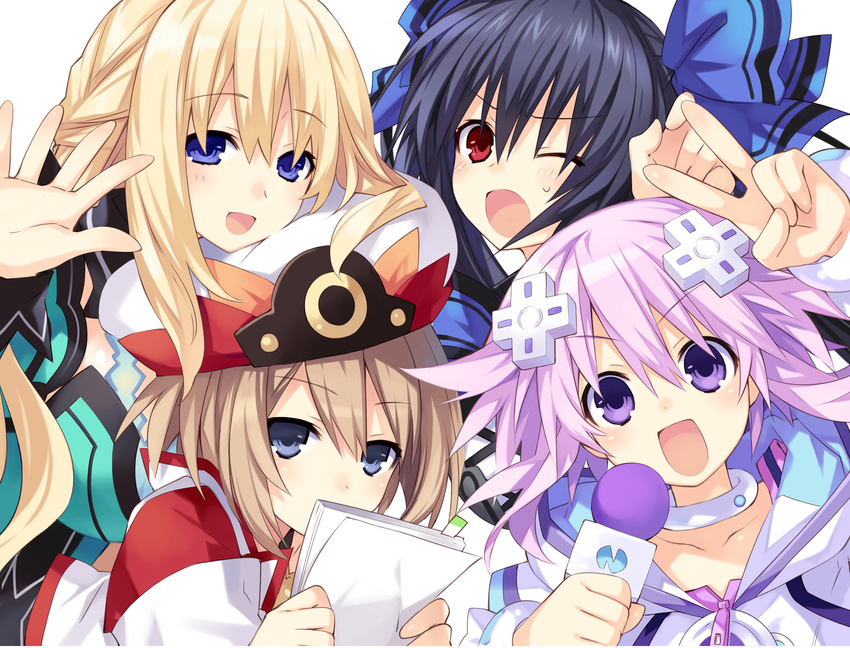 :d absurdres black_hair blanc blonde_hair blue_eyes blush bookmark breasts brown_hair collar collarbone game_cg hair_ornament hair_ribbon hat highres holding holding_microphone holding_paper kami_jigen_game_neptune_v large_breasts long_hair looking_at_viewer microphone multiple_girls neptune_(choujigen_game_neptune) neptune_(series) noire non-web_source official_art one_eye_closed open_mouth paper purple_eyes purple_hair red_eyes ribbon short_hair simple_background smile sweatdrop tsunako twintails v v-shaped_eyebrows vert white_background