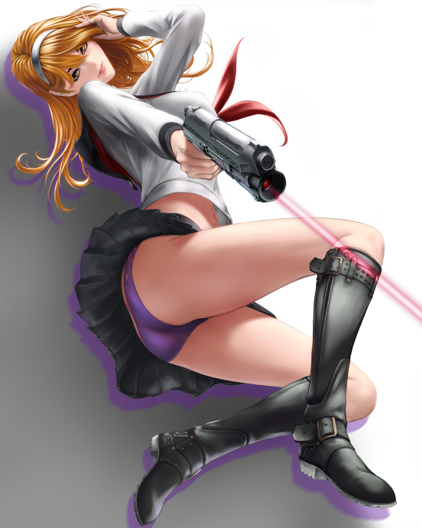 absurdres ass bad_id bad_pixiv_id blonde_hair brown_eyes gun hairband highres laser_sight long_hair looking_at_viewer original panties pantyshot school_uniform serafuku shisshou_senkoku skirt solo underwear uniform weapon