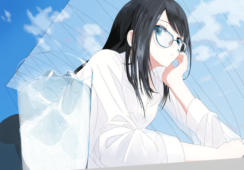 aspara bangs black_hair blue_eyes blue_sky cloud collared_shirt cup day dress_shirt drinking_glass from_below glasses hand_on_own_face highres ice ice_cube long_hair looking_at_viewer original shirt sky solo swept_bangs white_shirt