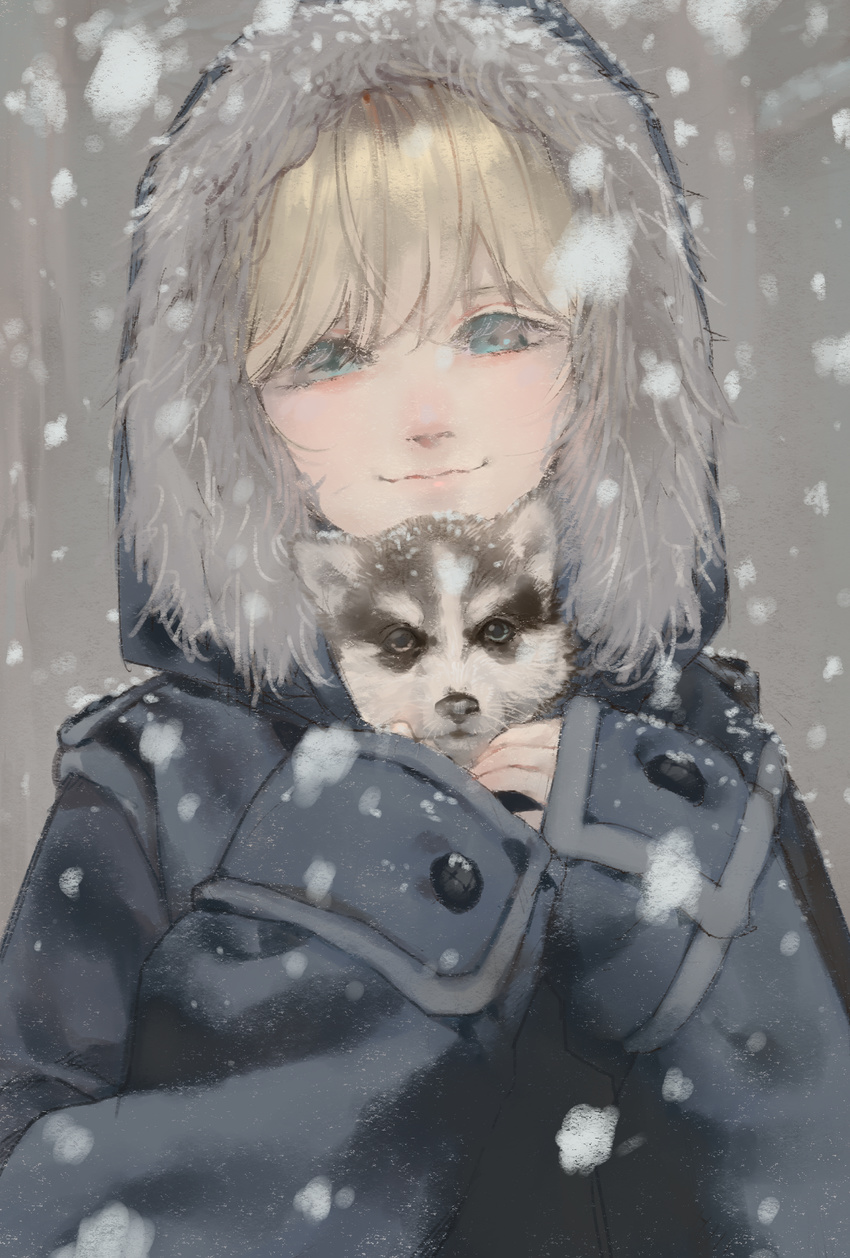 animal animal_in_clothes bangs blonde_hair buttons closed_mouth coat dog eyelashes fur hana_bell_forest highres hood hood_up long_sleeves male_focus original sleeves_past_wrists smile snow snowing solo upper_body