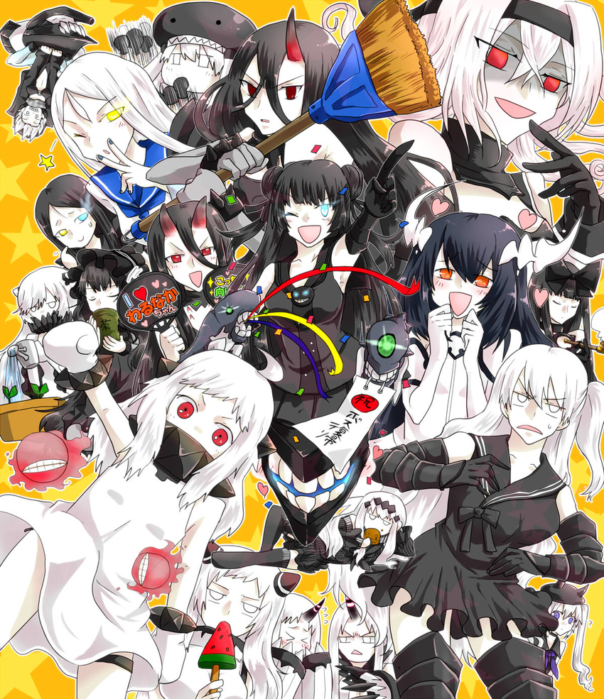 &gt;_&lt; :d ;d ahoge air_defense_hime aircraft_carrier_oni aircraft_carrier_water_oni airfield_hime anchorage_water_oni armor armored_boots bad_id bad_pixiv_id battleship_hime battleship_water_oni black_gloves black_hair blue_eyes boots breasts broom choker claws closed_eyes covered_mouth destroyer_hime detached_sleeves dress escort_fortress_(kantai_collection) ezima_minami food gauntlets gloves glowing glowing_eye gothic_lolita ha-class_destroyer hair_between_eyes hair_ornament hairband headband headgear heterochromia highres holding horn horns i-class_destroyer isolated_island_oni kantai_collection large_breasts light_cruiser_oni lolita_fashion lolita_hairband long_hair lying midway_hime mittens multiple_girls northern_ocean_hime one_eye_closed one_side_up open_mouth orange_eyes popsicle purple_eyes re-class_battleship red_eyes ru-class_battleship sailor_dress school_uniform seaplane_tender_hime seaport_hime seaport_water_oni senbei serafuku shinkaisei-kan short_dress short_hair side_ponytail smile sweat ta-class_battleship tail thigh_boots thighhighs translation_request v v-shaped_eyebrows white_dress white_eyes white_hair white_skin wo-class_aircraft_carrier zettai_ryouiki