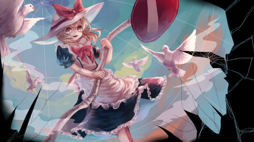 apron bird broken commentary dove hat hat_ribbon highres kana_anaberal light_brown_hair looking_at_viewer no_entry_sign puffy_short_sleeves puffy_sleeves ribbon road_sign short_sleeves sign solo sun_hat tamago_tyoko_(ijen0703) touhou touhou_(pc-98)