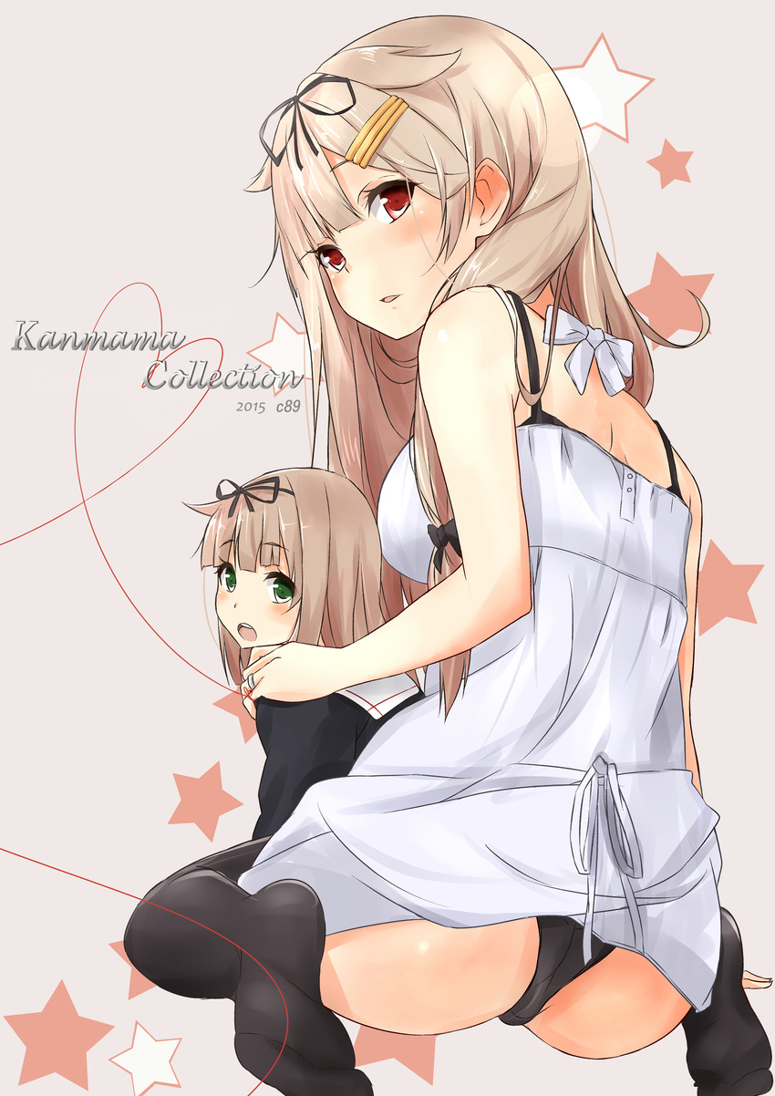 absurdres ass bare_shoulders black_legwear black_panties blonde_hair blush dress green_eyes hair_ribbon highres if_they_mated jewelry kantai_collection looking_back mother_and_daughter multiple_girls open_mouth panties red_eyes remodel_(kantai_collection) revision ribbon ring saku_(kudrove) school_uniform serafuku sitting star thighhighs underwear wariza wedding_band white_dress yuudachi_(kantai_collection)