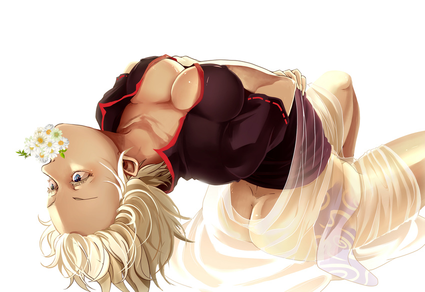 arched_back ass bad_id bad_pixiv_id black_shirt blue_eyes breasts butt_crack cleavage derivative_work flower_in_mouth genderswap genderswap_(mtf) gintama highres japanese_clothes leaning_back matsuoka_(ajagaga) medium_breasts mouth_hold ribbon-trimmed_sleeves ribbon_trim sakata_ginko see-through shirt short_hair short_sleeves simple_background sitting solo white_background white_hair