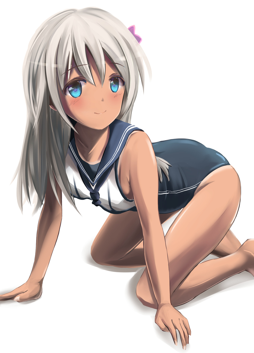 all_fours bare_legs barefoot blue_eyes blush crop_top flower hair_flower hair_ornament highres kantai_collection kuroganeruto long_hair looking_at_viewer one-piece_swimsuit ro-500_(kantai_collection) sailor_collar school_swimsuit silver_hair smile solo swimsuit swimsuit_under_clothes tan tanline