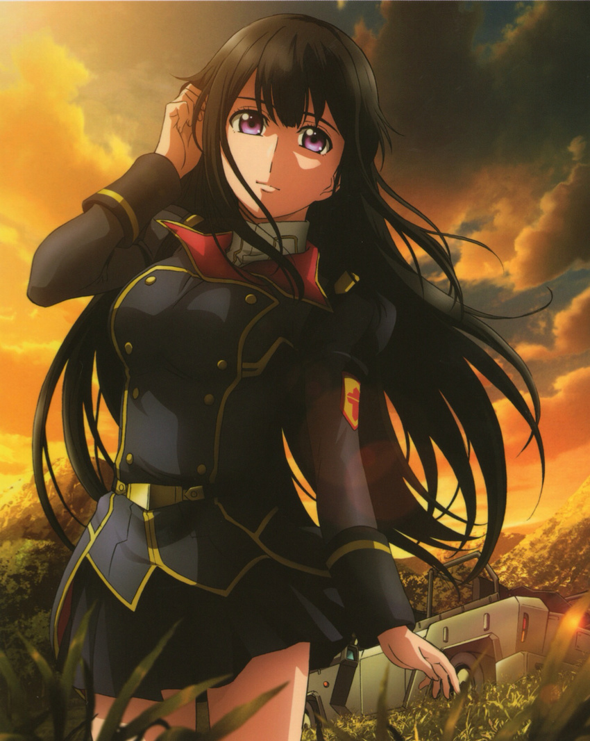 black_hair buddy_complex car cloud cloudy_sky grass ground_vehicle hair_tucking highres hill jeep long_hair looking_at_viewer military military_uniform miniskirt motor_vehicle official_art outdoors pleated_skirt purple_eyes skirt sky solo sunset uniform yumihara_hina