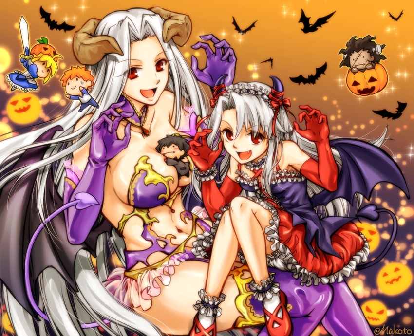 albino artoria_pendragon_(all) bat berserker character_doll demon_girl demon_horns demon_tail demon_wings emiya_kiritsugu emiya_shirou fang fate/grand_order fate/stay_night fate/zero fate_(series) halloween halloween_petite_devil_(fate/grand_order) halloween_princess_(fate/grand_order) horns illyasviel_von_einzbern irisviel_von_einzbern mature mother_and_daughter mozukuzukuzuku multiple_girls navel red_eyes saber succubus tail wings