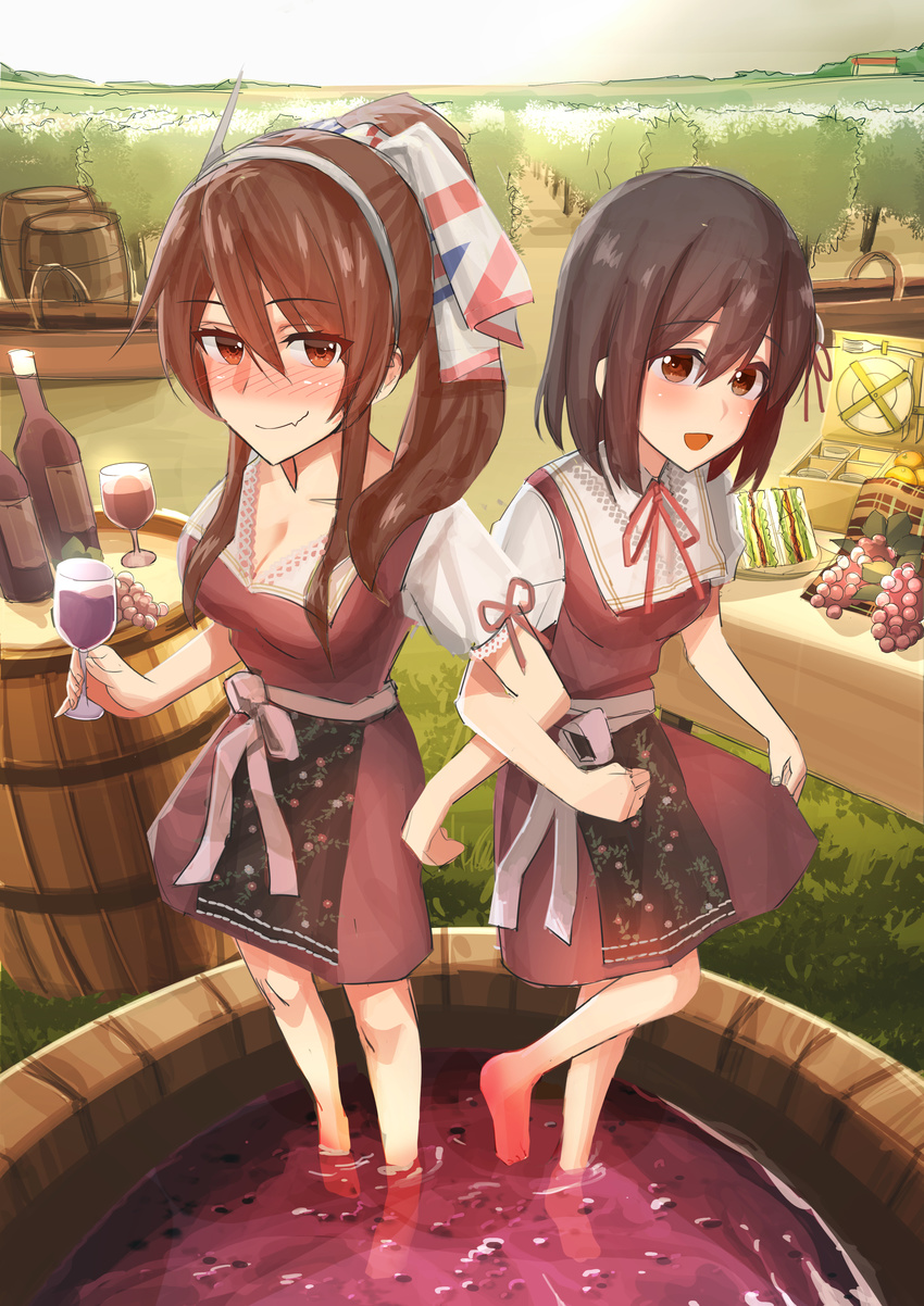 absurdres alternate_costume alternate_hairstyle ashigara_(kantai_collection) bad_id bad_pixiv_id barefoot barrel black_hair blush bottle breasts brown_eyes brown_hair cleavage colored_eyelashes cup drinking_glass drunk european_clothes fang_out food fruit grape_stomping grapes haguro_(kantai_collection) hair_between_eyes hairband highres kantai_collection kitazawa_(embers) long_hair long_sleeves looking_at_viewer medium_breasts multiple_girls open_mouth outdoors perspective ponytail short_hair sidelocks wavy_hair wavy_mouth wine_bottle wine_glass