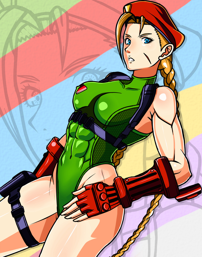 abs ahoge alternate_hair_color beret blue_eyes braid breasts brown_hair cammy_white covered_navel cowboy_shot elbow_gloves fingerless_gloves gloves green_leotard harness hat highleg highleg_leotard highres huge_ahoge ise_(isejp1) leotard long_hair medium_breasts muscle muscular_female nose red_gloves scar skin_tight solo street_fighter street_fighter_v thigh_pouch twin_braids very_long_hair zoom_layer