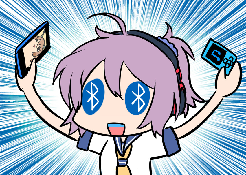 annotated aoba_(kantai_collection) arms_up blew_andwhite blue_eyes bluetooth cellphone colored_teeth commentary digital_media_player headphones kantai_collection mutsu_(kantai_collection) mutsu_(snail) phone pun smartphone symbol-shaped_pupils teeth too_literal