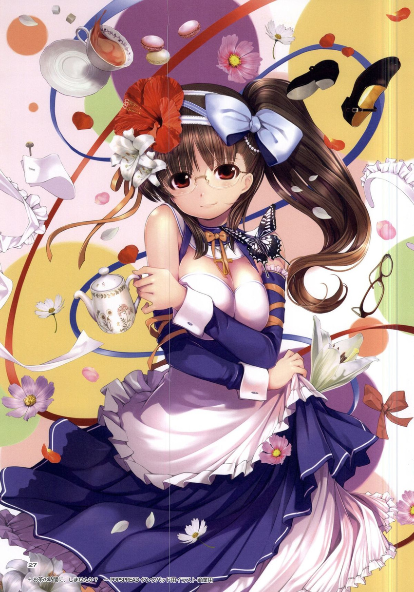 apron bangs breasts brown_hair bug butterfly character_request cleavage cosmos_(flower) cup detached_sleeves dress flower food frilled_apron frills glasses hair_flower hair_ornament hair_ribbon hibiscus highres holding insect jpeg_artifacts large_breasts lily_(flower) looking_at_viewer macaron maid_headdress mary_janes mikazuki_akira! petals petticoat red_eyes ribbon rimless_eyewear scan scan_artifacts shoes side_ponytail skirt_hold smile solo strapless strapless_dress sugar_cube teacup waist_apron wrist_cuffs