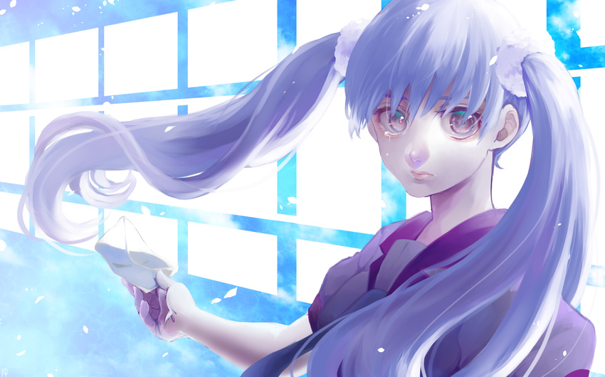 bad_id bad_pixiv_id brown_eyes curry_gohan highres long_hair monogatari_(series) oikura_sodachi owarimonogatari school_uniform silver_hair solo twintails