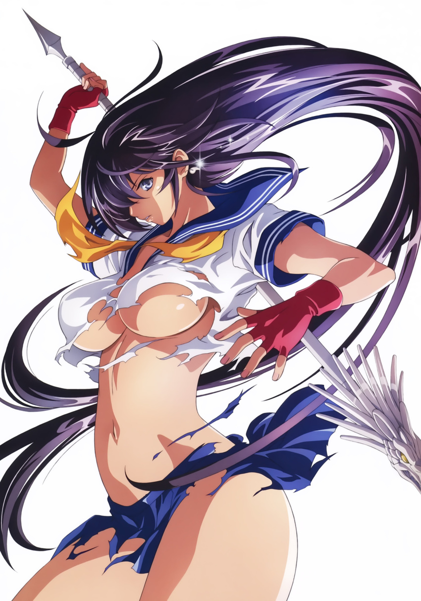 1girl arm_up blue_eyes breasts fingerless_gloves floating_hair from_side gloves highres holding ikkitousen kan'u_unchou kan'u_unchou long_hair low-tied_long_hair navel no_bra polearm purple_hair short_sleeves simple_background solo tan torn_clothes underboob very_long_hair weapon white_background
