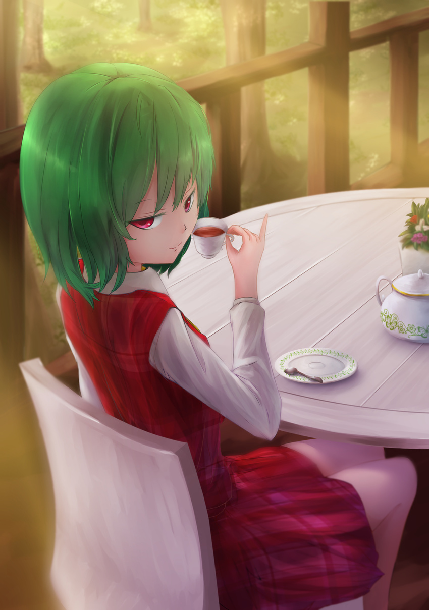 ascot borushichi chair collared_shirt colored_eyelashes cup forest grass green_hair half-closed_eyes highres kazami_yuuka light_rays long_sleeves looking_at_viewer looking_back nature outdoors pinky_out plaid plaid_skirt plaid_vest red_eyes saucer shirt short_hair skirt smile smug solo spoon sunlight table tea teacup teapot teaspoon touhou tree vest