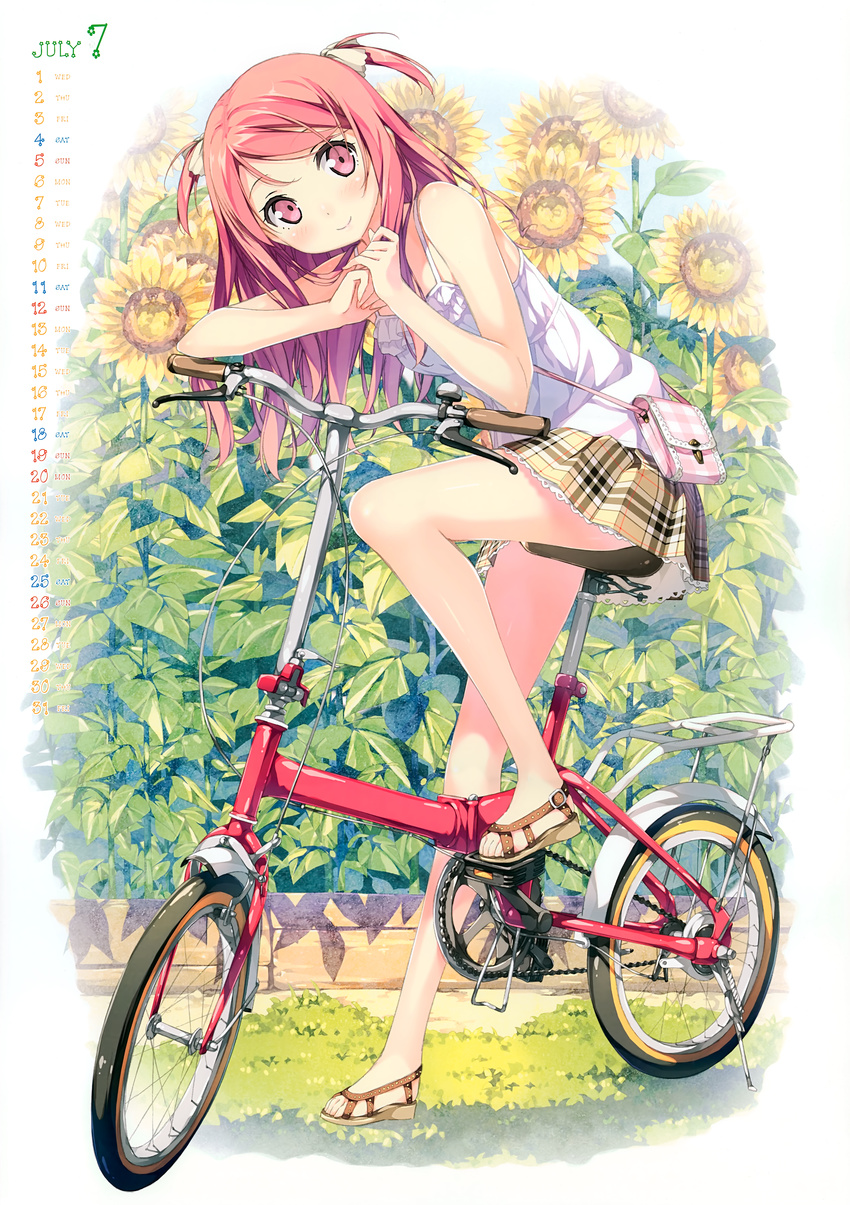 2015 absurdres bag bare_legs bare_shoulders bicycle blush calendar_(medium) camisole flower folding_bicycle full_body ground_vehicle hair_ribbon handbag highres huge_filesize july kantoku kurumi_(kantoku) legs long_hair looking_at_viewer non-web_source original plaid plaid_skirt pleated_skirt red_eyes red_hair ribbon sandals shirt skirt sleeveless sleeveless_shirt smile solo sunflower two_side_up