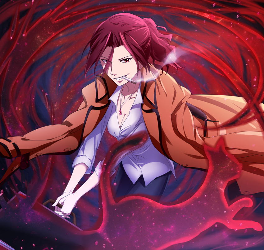 aozaki_touko breasts brown_coat cat cigarette cleavage coat dress_shirt earrings eyes_visible_through_hair grin highres jacket_on_shoulders jewelry kara_no_kyoukai kikuma525 looking_at_viewer medium_breasts pants pendant ponytail red_eyes red_hair shirt smile smoke smoking solo suitcase type-moon