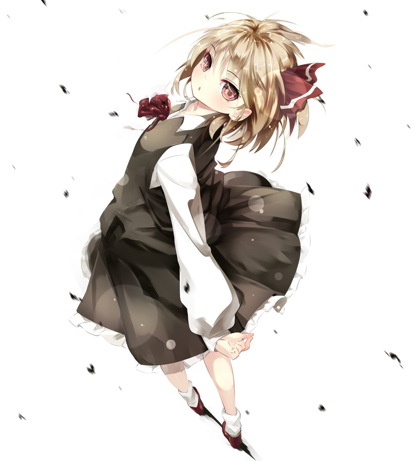 :o blonde_hair blush bow collared_shirt commentary from_behind gorilla_(bun0615) hair_ribbon highres leaning_back looking_at_viewer pose red_eyes red_footwear ribbon rumia shirt shoes skirt skirt_set socks solo touhou vest wind