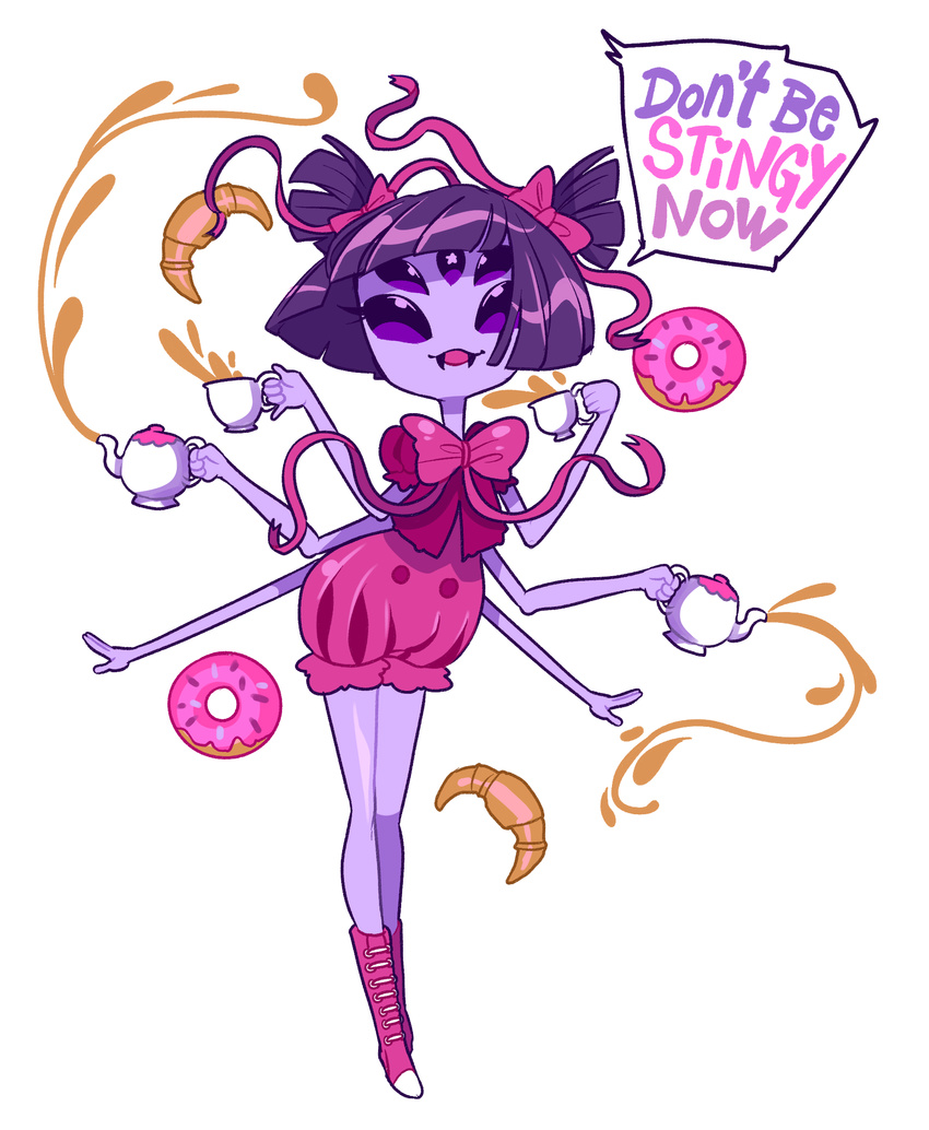 bow bug commentary croissant cup doughnut english extra_eyes fangs food full_body hair_bow hair_ornament highres insect_girl monster_girl muffet multiple_arms oskar_vega puffy_sleeves pumpkin_pants purple_eyes purple_hair ribbon shoes short_hair simple_background solo speech_bubble spider spider_girl teacup teapot two_side_up undertale white_background