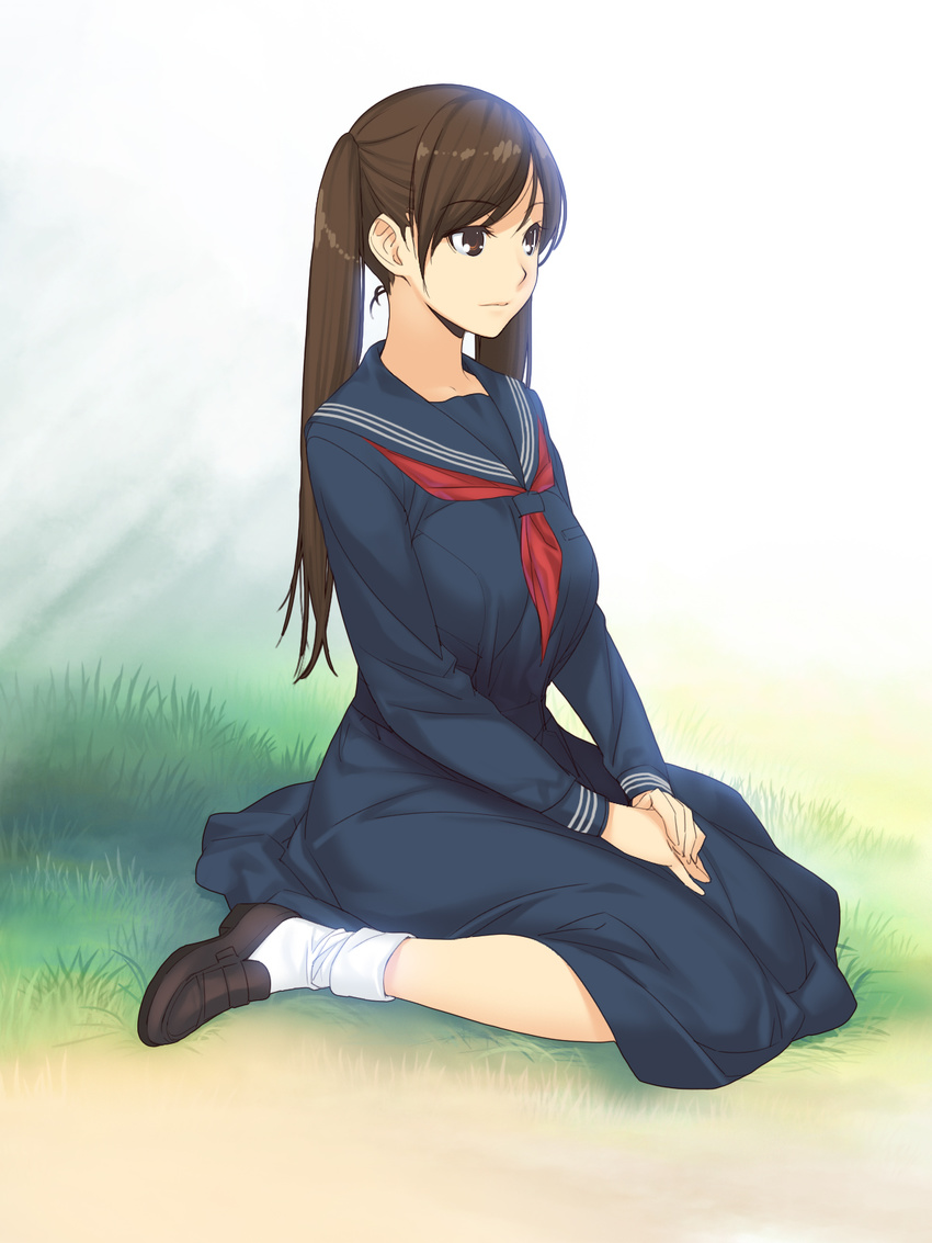 brown_eyes brown_footwear brown_hair grass hands_on_lap highres ino kousaka_rino loafers long_hair looking_to_the_side otome_function outdoors school_uniform seiza serafuku shoes sitting socks solo twintails white_legwear