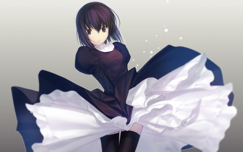 aikura_chihiro black_eyes black_hair dress dress_shirt dress_tug highres kuonji_alice looking_at_viewer mahou_tsukai_no_yoru shirt short_hair solo thighhighs type-moon wind wind_lift zettai_ryouiki