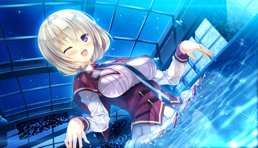 ;d ashishun blush bra dutch_angle game_cg indoors kanna_kana lens_flare necktie night one_eye_closed open_mouth panties partially_submerged pleated_skirt pool primal_hearts purple_eyes school_uniform see-through short_hair skirt skirt_lift sky smile solo sparkle star_(sky) starry_sky underwear water wet wet_clothes white_hair