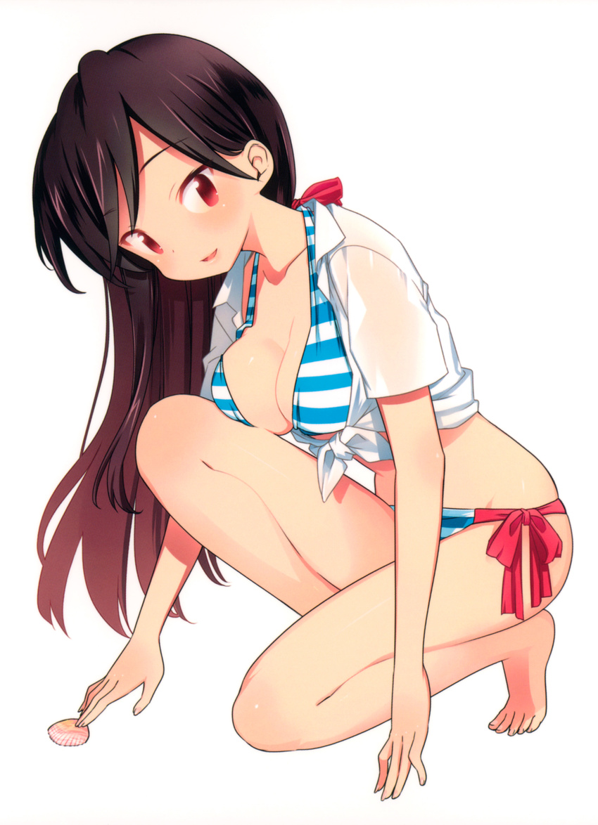 a_channel absurdres barefoot bikini black_hair blush breast_rest breasts cleavage collarbone feet front-tie_top full_body hands highres kuroda_bb large_breasts long_hair looking_at_viewer midriff nishi_yuuko official_art one_knee parted_lips red_eyes shirt side-tie_bikini simple_background skindentation smile solo striped striped_bikini swimsuit tied_shirt toenails toes tsurime white_background