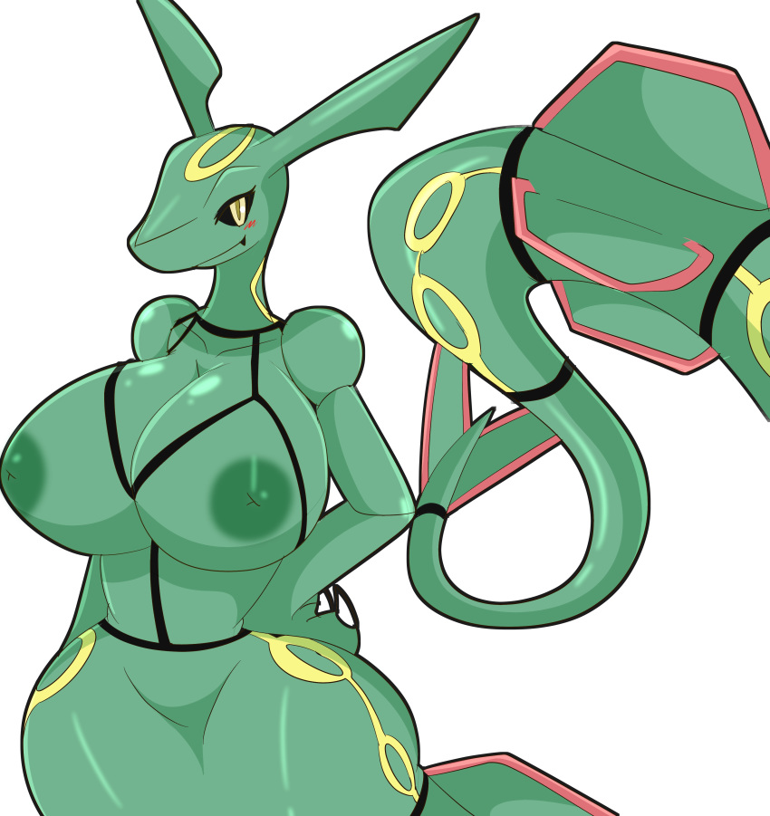 anthro anthrofied areola big_breasts blush breasts claws digital_media_(artwork) dragon female hand_on_hip hi_res huge_breasts inverted_nipples legendary_pok&eacute;mon looking_at_viewer nintendo nipples nude pok&eacute;mon pok&eacute;mon_(species) rayquaza scalie simple_background smile solo teeth thick_thighs tousoni3 video_games white_background wide_hips yellow_eyes