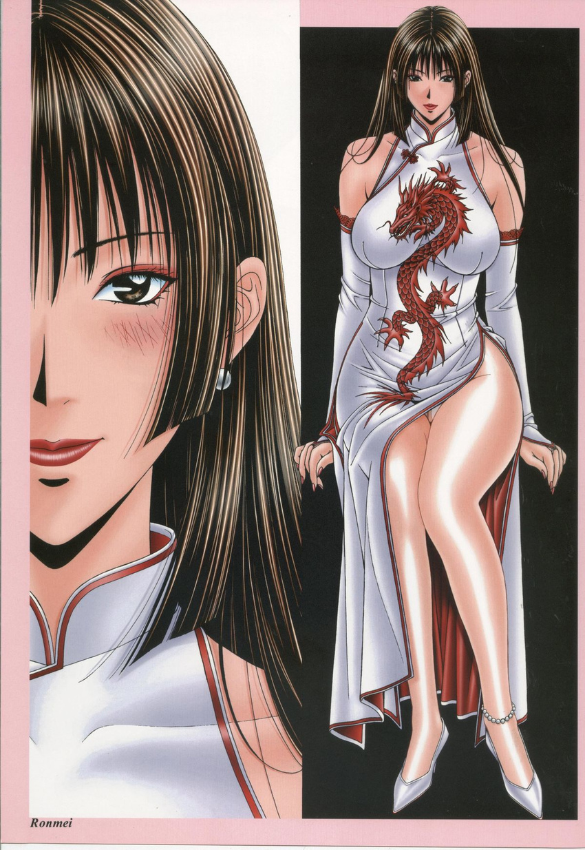 bare_shoulders blush breasts brown_eyes brown_hair china_dress chinese_clothes dragon dress earrings fingerless_gloves fingernails g-taste gloves high_heels highres hime_cut jewelry large_breasts lipstick long_fingernails long_hair looking_at_viewer makeup nail_polish panties pantyhose ronmei shoes sitting solo underwear white_dress yagami_hiroki