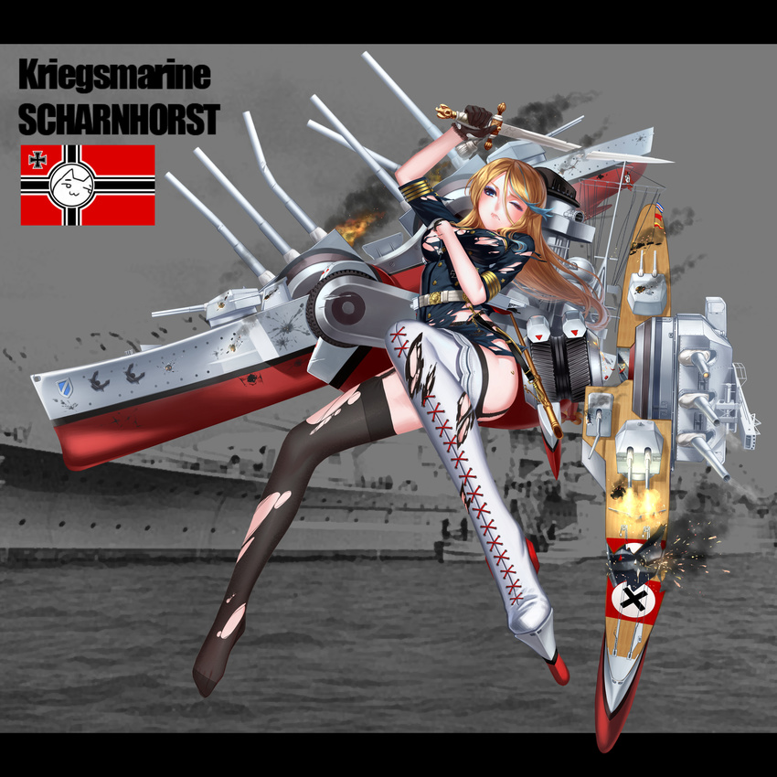 absurdres black_legwear blonde_hair blue_eyes boots character_name eyeshadow gloves highres kriegsmarine makeup mecha_musume military military_vehicle namesake nazi_war_ensign official_art one_eye_closed personification rail_(silverbow) rigging scharnhorst scharnhorst_(zhan_jian_shao_nyu) ship single_boot solo thigh_boots thighhighs torn_clothes torn_legwear warship watercraft white_footwear white_legwear zhan_jian_shao_nyu