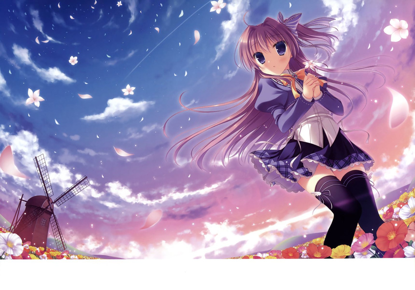 azuse_matsuri black_legwear blue_eyes blue_skirt brown_hair cloud flower hair_ornament highres holding holding_flower kimi_e_okuru_sora_no_hana long_hair official_art petals school_uniform skirt sky solo thighhighs yukie_(peach_candy)