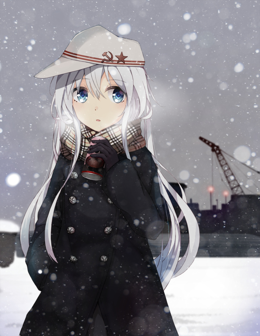 blue_eyes blurry breath can colis_(regunm772) cowboy_shot crane depth_of_field double-breasted gloves grey_sky hair_between_eyes hammer_and_sickle hand_in_pocket harbor hat hibiki_(kantai_collection) highres holding kantai_collection lamp long_hair looking_to_the_side outdoors parted_lips plaid plaid_scarf scarf ship sky snow snowing soda_can solo star verniy_(kantai_collection) very_long_hair watercraft white_hair winter winter_clothes