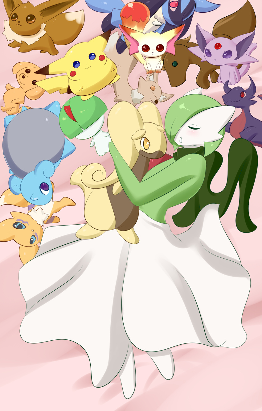 1girl alternate_color bed canine carro digimon dog dragon dress eevee eeveelution equine espeon eyes_closed female fox gardevoir goodra green_hair horse hug jcdr lapras lucario mammal nintendo pikachu plushie pok&eacute;mon pokemon ralts renamon scarf sleeping stuffed_animal stuffed_toy video_games white_skin