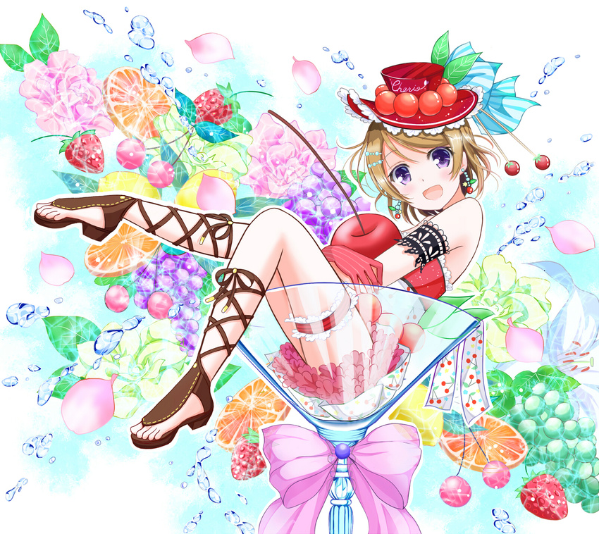 :d arm_garter bad_id bad_pixiv_id bangs bare_shoulders blush bow brown_footwear brown_hair cherry cherry_earrings cherry_print cross-laced_legwear cup dress drinking_glass earrings flower food food_print food_themed_earrings food_themed_ornament frills fruit full_body garters gloves grapes hair_ornament hairclip hat highres hug in_container jewelry koizumi_hanayo lace leaf lemon love_live! love_live!_school_idol_festival love_live!_school_idol_project minigirl mint open_mouth open_toe_shoes orange orange_slice oversized_object petals pink_bow purple_eyes red_hat shino_(shinderera) shoes short_hair sitting smile solo strawberry striped striped_bow striped_gloves swept_bangs water