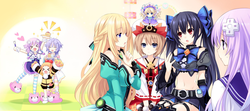 &gt;_&lt; :d bare_shoulders black_hair blanc blonde_hair blue_eyes braid breasts brown_hair cake closed_eyes d-pad d-pad_hair_ornament food game_cg hair_ornament heart highres histoire japanese_clothes kami_jigen_game_neptune_v large_breasts long_hair midriff multiple_girls nepgear neptune_(choujigen_game_neptune) neptune_(series) noire non-web_source official_art open_mouth pish purple_hair pururut red_eyes short_hair slippers smile striped striped_legwear thighhighs tsunako twintails vert xd zettai_ryouiki