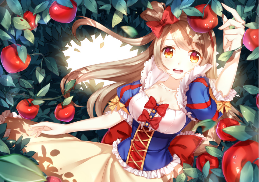 :d apple bangs blush bow breasts brown_hair cleavage cosplay cross-laced_clothes eyebrows eyebrows_visible_through_hair food frills fruit hair_bow kan_(rainconan) lace long_hair love_live! love_live!_school_idol_project medium_breasts minami_kotori one_side_up open_mouth puffy_short_sleeves puffy_sleeves red_bow short_sleeves smile snow_white snow_white_(cosplay) snow_white_and_the_seven_dwarfs solo swept_bangs teeth underbust upper_body yellow_bow yellow_eyes
