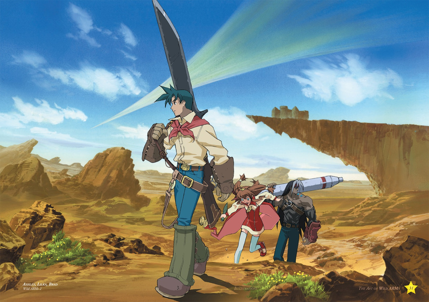 2boys artbook artist_request ashley_winchester bare_shoulders belt brad_evans building carrying_over_shoulder castle character_name cliff cloud dark_skin day grass highres huge_weapon lilka_eleniak multiple_boys muscle official_art over_shoulder pants rock scenery shirt shooting_star sky torpedo weapon white_shirt wild_arms wild_arms_2