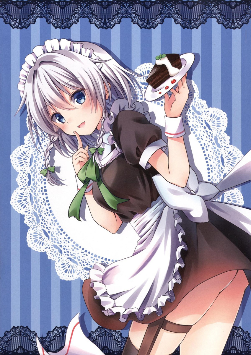 apron ass bent_over blue_background blue_eyes blush bow braid cake dish dress food hair_bow hair_ornament highres izayoi_sakuya kure~pu looking_at_viewer maid_headdress non-web_source open_mouth puffy_sleeves ribbon scan short_hair short_sleeves silver_hair smile solo striped striped_background touhou twin_braids waist_apron