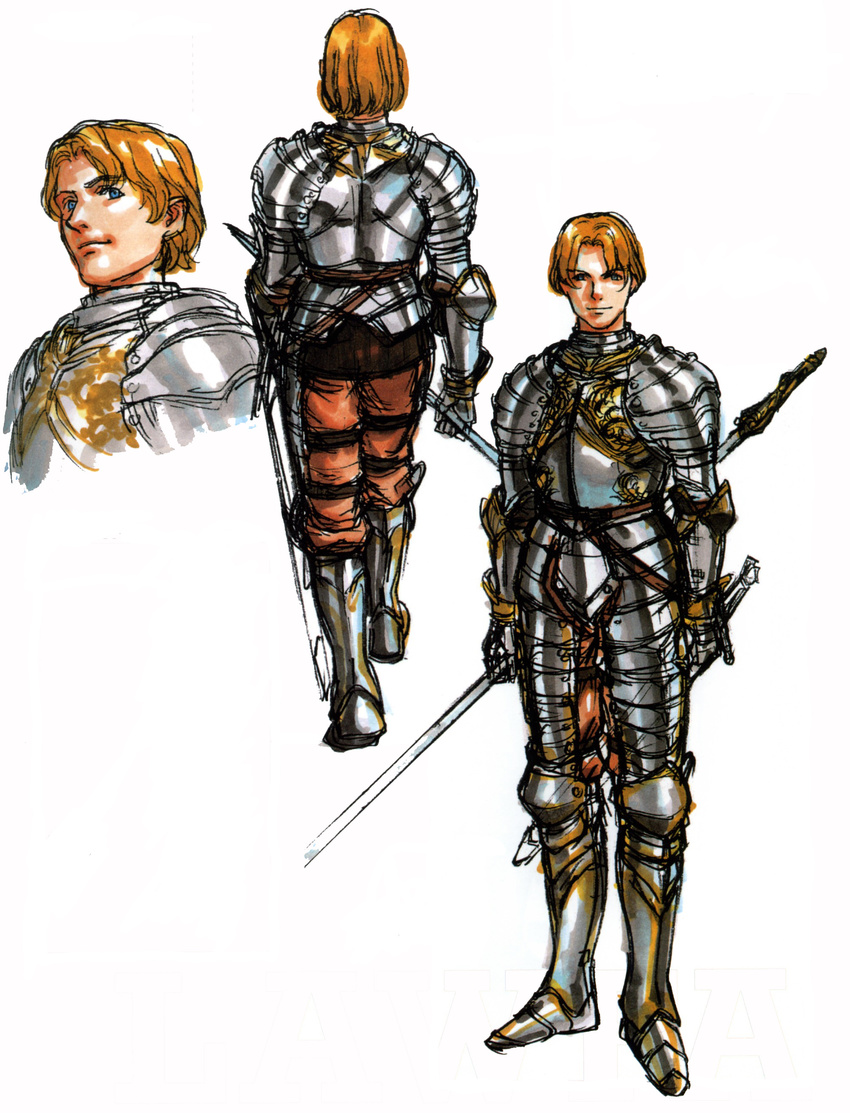 absurdres armor blonde_hair blue_eyes close-up face from_behind full_armor highres holding holding_weapon lawfer looking_at_viewer male_focus official_art orange_hair parted_lips polearm scabbard sheath simple_background smile solo spear sword unsheathed valkyrie_profile weapon white_background yoshinari_you