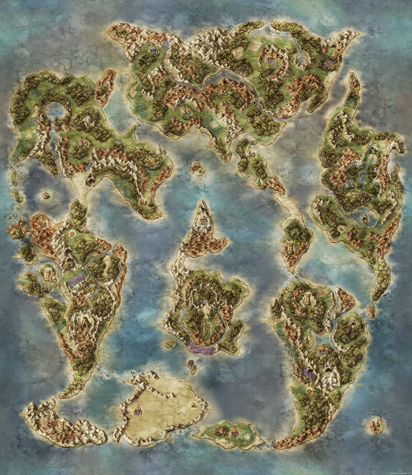 artbook building castle cave cliff desert dragon_quest dragon_quest_v forest grass highres huge_filesize island lake map mountain nature no_humans ocean official_art ree river rock sand scenery still_life temple tower town water world_map