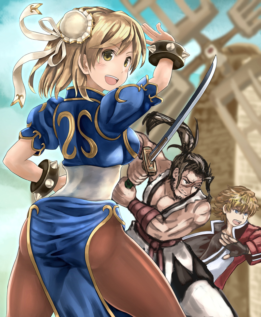 2boys ass attack bun_cover capcom chinese_clothes chun-li chun-li_(cosplay) cosplay djeeta_(granblue_fantasy) fatal_fury feather_(granblue_fantasy) granblue_fantasy haoumaru haoumaru_(cosplay) highres jin_(granblue_fantasy) katana look-alike mark_of_the_wolves multiple_boys pantyhose pelvic_curtain rock_howard rock_howard_(cosplay) samurai_spirits sash snk street_fighter sword takahashi_rodemu weapon