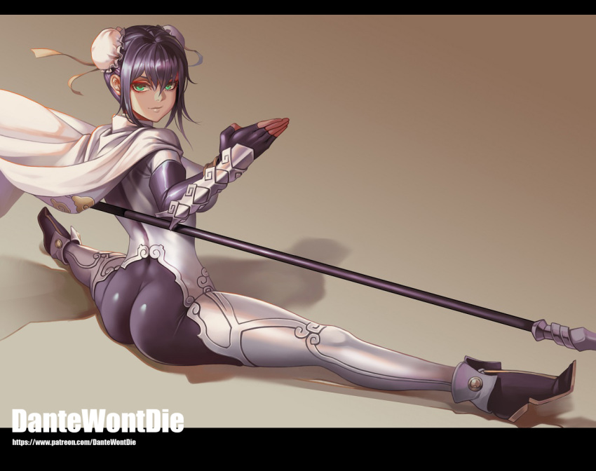 ass black_gloves black_hair bodysuit breasts bun_cover cape commentary double_bun fate/grand_order fate_(series) fingerless_gloves full_body gloves green_eyes hair_between_eyes large_breasts letterboxed looking_at_viewer polearm qin_liangyu_(fate) short_hair solo split weapon yinan_cui
