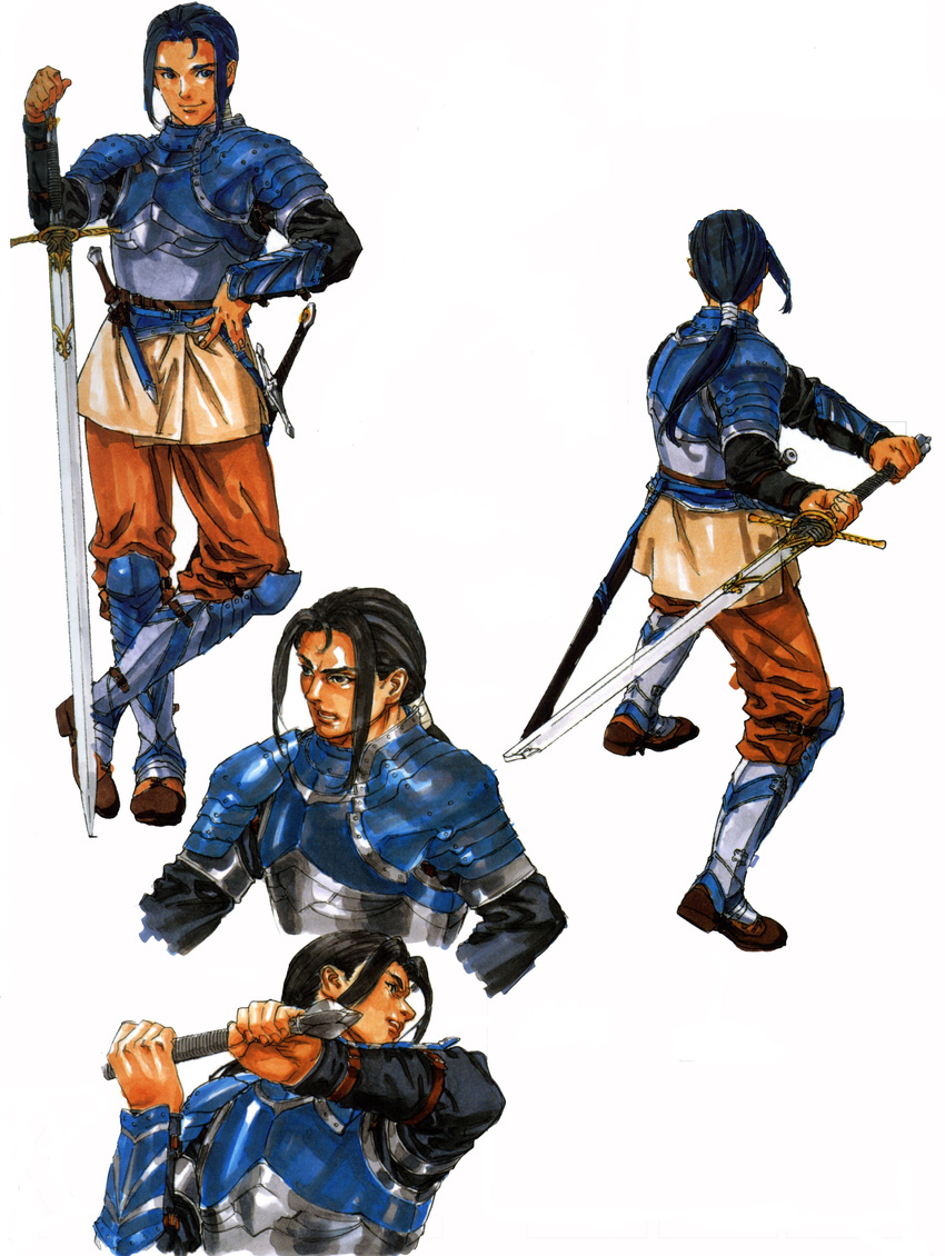 absurdres armor belt black_hair blue_eyes brown_hair dagger fighting_stance from_behind full_body hand_on_hip highres holding holding_sword holding_weapon kashell long_hair looking_at_viewer male_focus official_art pants ponytail sidelocks simple_background smile solo sword valkyrie_profile weapon white_background yoshinari_kou yoshinari_you