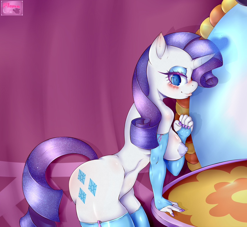 2015 anthro anthrofied areola blue_eyes blush breasts clothing cutie_mark equine eyeshadow female flame-lonewolf friendship_is_magic hair half-closed_eyes hi_res horn inside legwear long_hair looking_at_viewer makeup mammal my_little_pony nipples purple_hair rarity_(mlp) smile solo thigh_highs unicorn