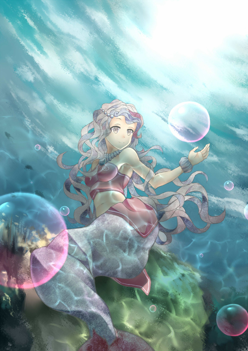 bubble bubbles_(clow_card) cardcaptor_sakura cheese_kang clow_card highres long_hair mermaid monster_girl purple_eyes purple_hair sitting solo underwater water