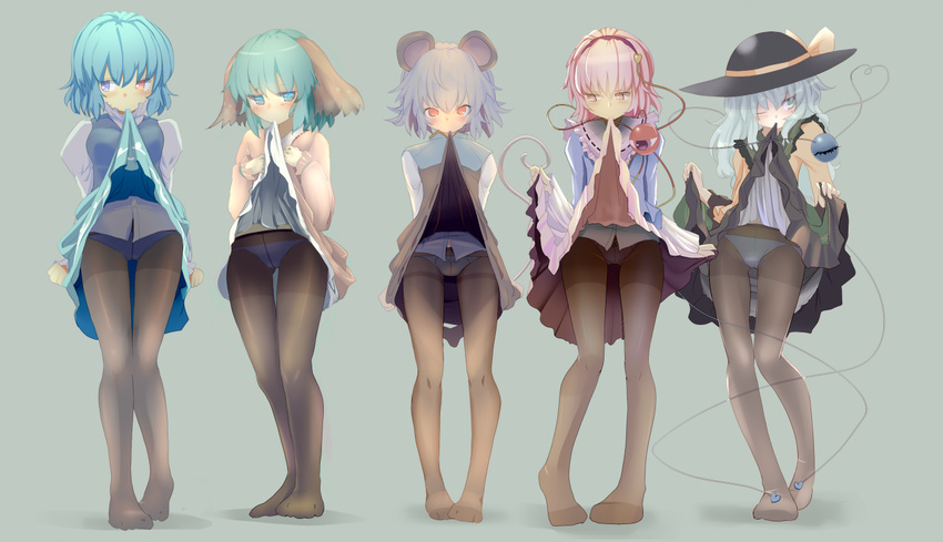 animal_ears arms_behind_back blue_eyes blue_hair brown_legwear capelet crotch_seam green_background green_eyes green_hair grey_hair hairband hat heart heart_of_string heterochromia ishikkoro kasodani_kyouko komeiji_koishi komeiji_satori long_sleeves looking_at_viewer mouse_ears mouse_tail mouth_hold multiple_girls nazrin panties panties_under_pantyhose pantyhose pink_hair red_eyes see-through shirt short_hair simple_background skirt skirt_lift skirt_set tail tatara_kogasa thighband_pantyhose third_eye touhou umbrella underwear vest