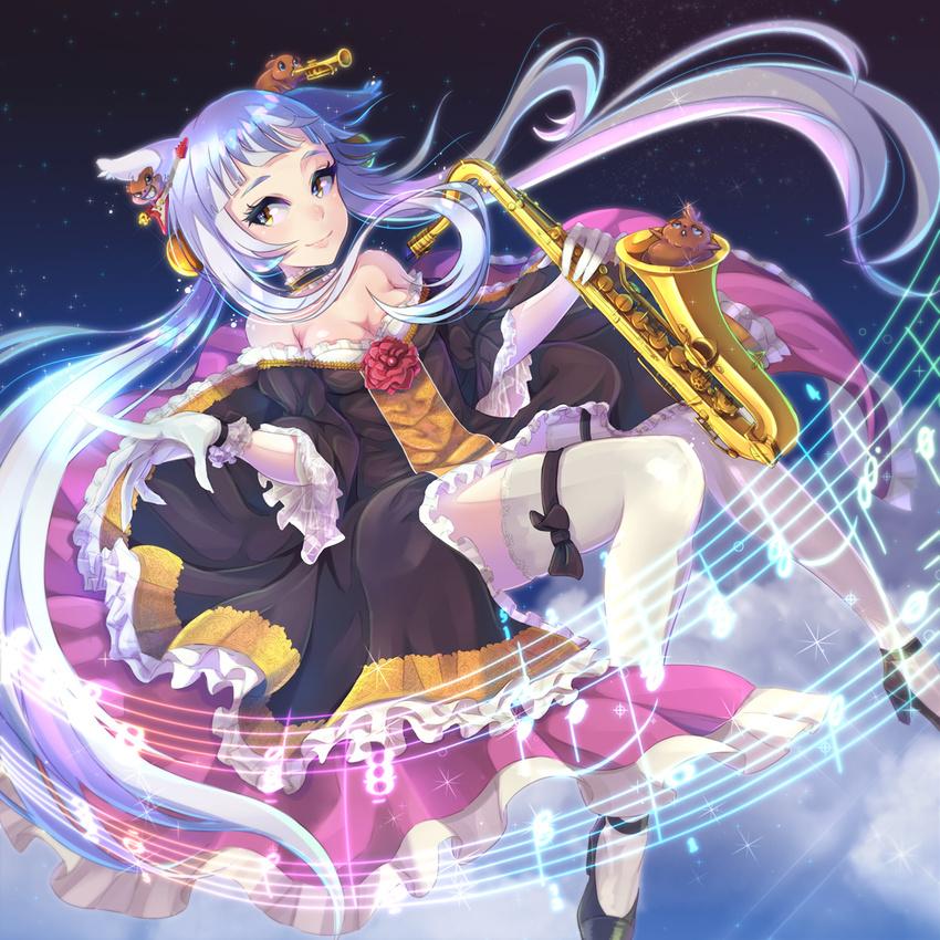 animal_ears bad_id bad_pixiv_id bangs bare_shoulders bass_guitar blunt_bangs breasts cat_ears chipmunk choker cleavage dress flower frilled_choker frilled_dress frills garter_straps gloves highres instrument long_hair mappaninatta musical_note original quarter_note rose saxophone silver_hair small_breasts smile squirrel thighhighs trumpet very_long_hair white_gloves white_legwear yellow_eyes
