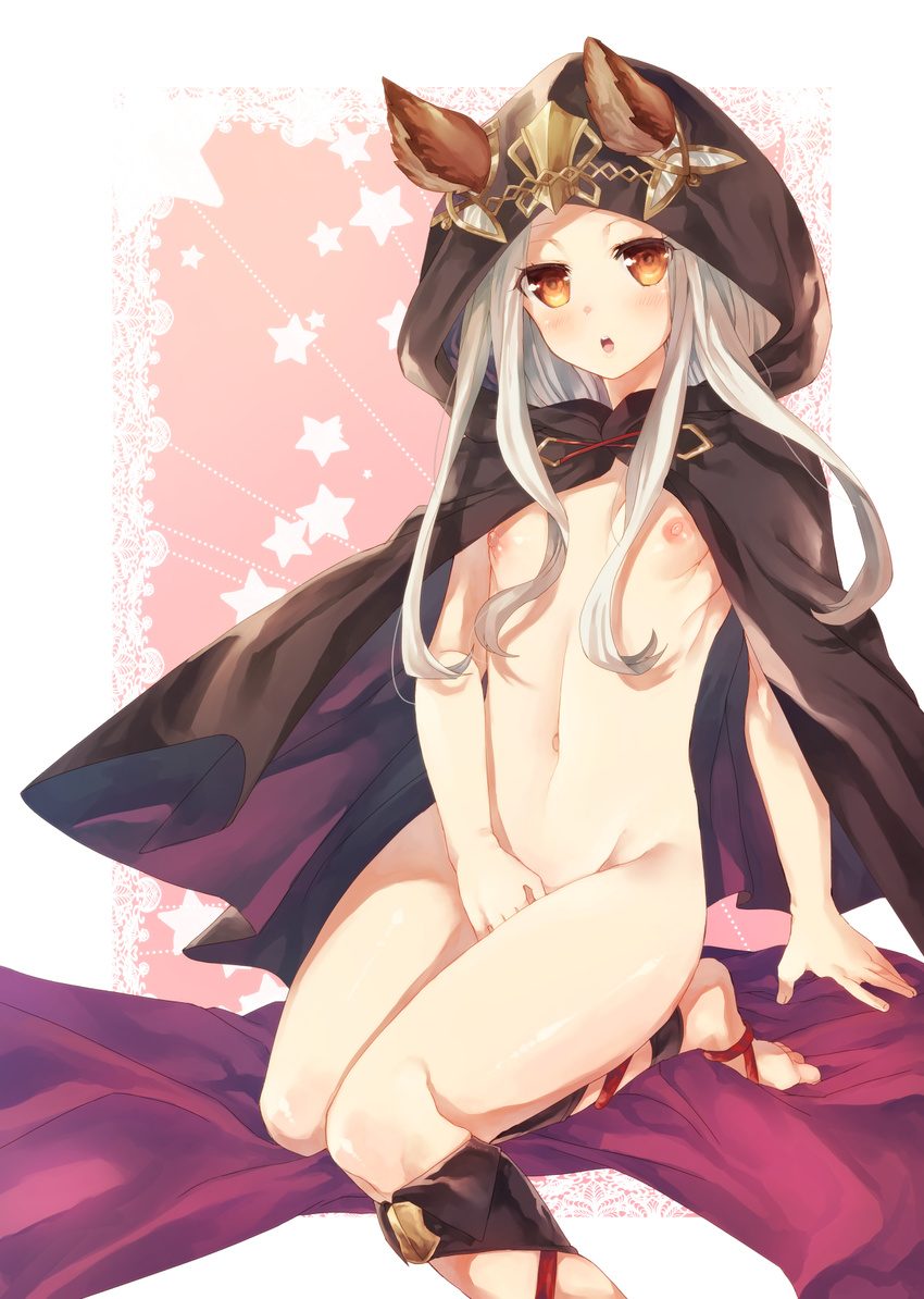 animal_ears arm_support bad_id bad_pixiv_id cat_ears cloak covering covering_crotch cross-laced_footwear ears_through_headwear eno_yukimi flat_chest granblue_fantasy groin highres hood hooded_cloak long_hair looking_at_viewer naked_cloak navel nipples nude open_mouth red_eyes scathacha_(granblue_fantasy) silver_hair sitting solo star starry_background thighs